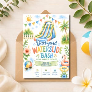 May include: A rectangular party invitation card featuring a watercolor illustration of a blue and yellow inflatable waterslide, a palm tree, a pink flamingo float, and a beach ball. The text reads Backyard WATERSLIDE BASH, CAROLINE'S 5TH BIRTHDAY.