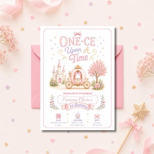 Redigerbar ONE-CE Upon A Time födelsedagsinbjudningsmall, Prinsessans första födelsedagsfest, Rosa prinsessa för första födelsedagen (digital nedladdning)