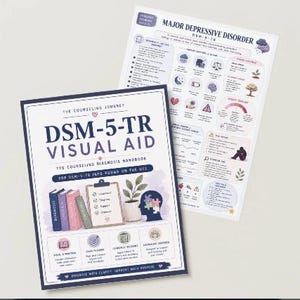 May include: A DSM-5-TR visual aid counseling handbook and a Major Depressive Disorder reference sheet. The handbook cover features a row of books, a clipboard, a potted plant, and a human head silhouette with puzzle pieces. Text includes DSM-5-TR.