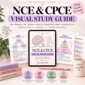 Może przedstawiać: Cyfrowy tablet wyświetlający wizualny przewodnik do nauki NCE & CPCE, otoczony wydrukowanymi stronami, różowym długopisem z napisem Progress Over Perfection oraz kubkiem z napisem Future Counselor, zawierający koncepcje i diagramy doradcze.