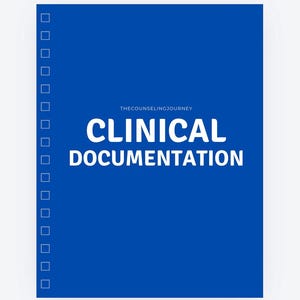 Könnte beinhalten: Ein blaues Spiralnotizbuch mit dem weißen Text THECOUNSELINGJOURNEY oben, gefolgt von den Wörtern CLINICAL DOCUMENTATION in einer fetten, serifenlosen Schrift mittig auf dem Einband. Die linke Kante hat eine vertikale Reihe quadratischer Löcher.