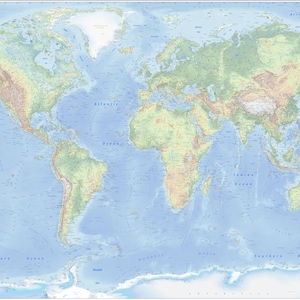 May include: A detailed world map showing land topography and ocean depths. The map uses a color gradient to represent elevation, with greens and browns for land and blues for the oceans. The map includes the text "WORLD TERRAIN & SEAFLOOR".