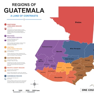 Pode incluir: Um mapa intitulado Regions of Guatemala: A Land of Contrasts, exibindo o país dividido em seções codificadas por cores, incluindo Petén, as terras altas ocidentais e centrais, a região oriental, a costa do Pacífico e o Caribe com escala.