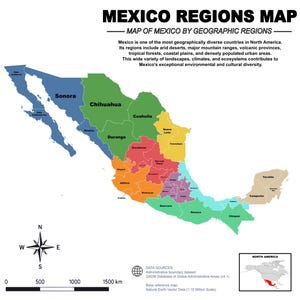 Pode incluir: Um mapa intitulado Mexico Regions Map mostrando o país dividido em zonas geográficas. O mapa apresenta uma legenda à direita com ícones e descrições para cada região, uma rosa dos ventos, uma barra de escala e um pequeno mapa.