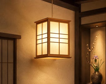 Japanese Wood Pendant Light | Shoji Lantern Ceiling Lamp for Dining Room, Study, E27