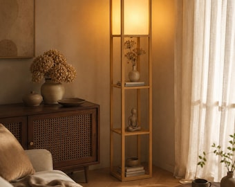 Natural Wood Shelf Floor Lamp | Japandi Style Living Room Storage Tower