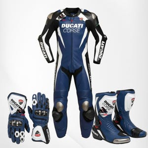 May include: A blue, white, and black leather motorcycle racing suit featuring the Ducati Corse logo on the chest, accompanied by a matching pair of blue, white, and black leather racing gloves and a pair of blue, white, and black racing boots.