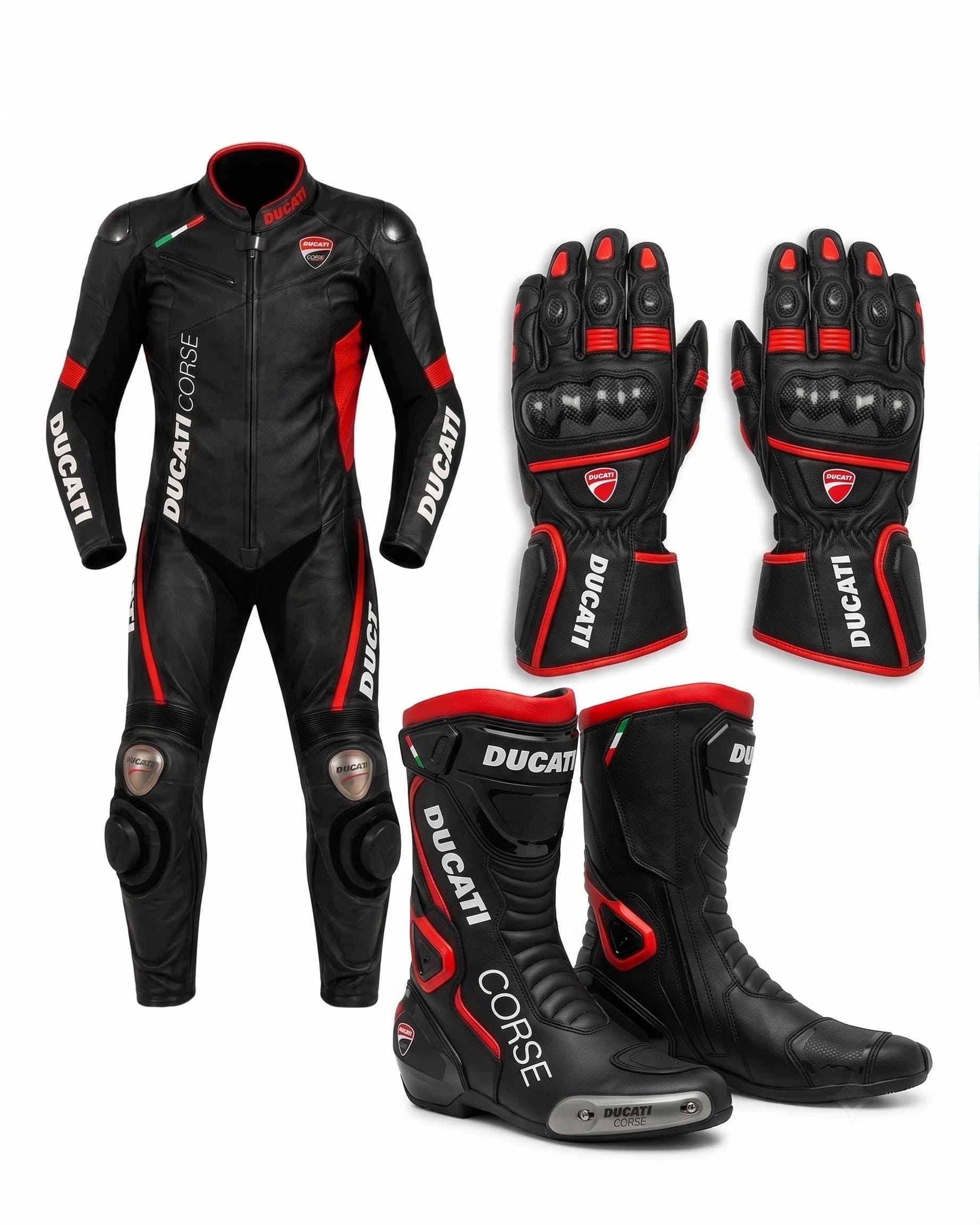 Leather Motorcycle Racing Suit, Ducati Corse C6 Style Biker Jacket Pants, Moto GP Racing Boots Gloves Set