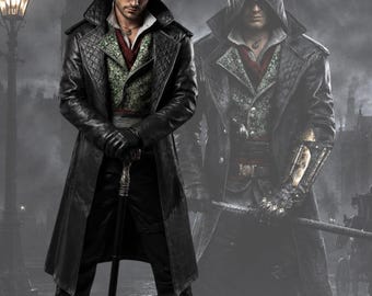 Assassin Inspired Victorian Leather Trench Coat for Men, Gothic Men Cosplay Jacket, Steampunk Long Coat, Custom Black Leather Outfit