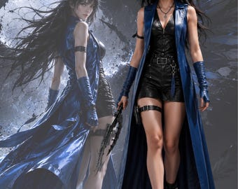 Dark Fantasy Women Cosplay Costume Set, Gothic Warrior Blue Long Coat Outfit, Anime Inspired Leather Look Shorts and Top Costume