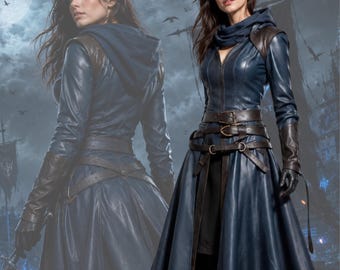 Women's Dark Fantasy Leather Coat, Hooded Assassin Coat, Medieval Ranger Cloak, Gothic Warrior Costume, Long Leather Trench Coat