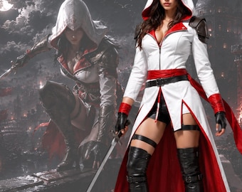 Assassin Inspired Women Hooded Robe Costume Set White Long Coat Red Sash Belt Shoulder Armor Halloween Cosplay Outfit