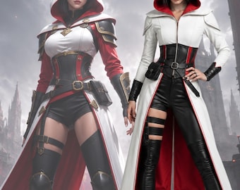 Women's Assassin Inspired Hooded Leather Coat, Fantasy Cosplay Costume, White Red Long Cloak Jacket, Custom Made Outfit