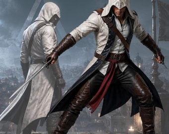 Assassin Inspired Hooded Leather Coat Men, Medieval Fantasy Trench Coat, Gothic Cosplay Jacket, RPG Costume Outfit