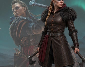 Handcrafted Viking Warrior Costume Women Real Leather Fur Shoulder Medieval Nordic Battle Armor Cosplay Outfit