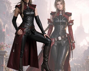 Women Fantasy Leather Armor Costume Medieval Warrior Cosplay Outfit Red Black RPG Adventurer Jacket Custom Made Halloween Costume