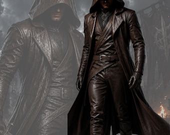 Men's Hooded Leather Trench Coat Dark Fantasy Cloak Long Assassin Style Jacket Medieval Cosplay Costume Custom Made