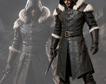 Dark Fantasy Leather Coat for Men, Viking Inspired Hooded Jacket, Medieval Ranger Outfit, Battle Ready Cosplay Costume