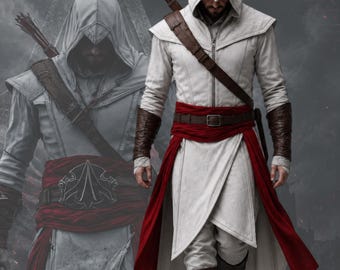 Op Assassin geïnspireerde witte leren trenchcoat, fantasy-cosplaykostuum met capuchon voor mannen, middeleeuws jagersjack, op maat gemaakte jas