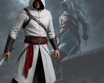 Assassin Inspired White Leather Trench Coat, Hooded Medieval Costume for Men, Fantasy Warrior Jacket for Cosplay Events