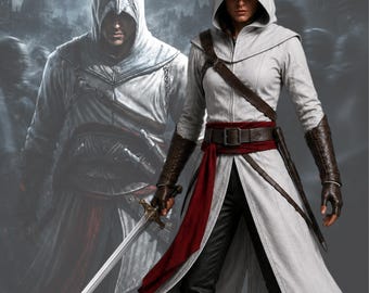Assassin Inspired Hooded White Leather Jacket for Women, RPG Fantasy Cosplay Costume, Warrior Tunic with Hood and Belt