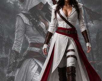 Assassin Inspired White Cosplay Coat Women, Hooded Fantasy Warrior Costume, Medieval Hunter Outfit, Long Trench Jacket