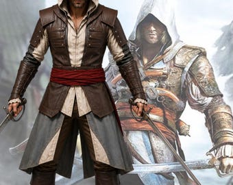 Assassin Inspired Mens Hooded Trench Coat Brown Leather Fantasy Cosplay Costume Medieval Rogue Warrior Outfit for Men