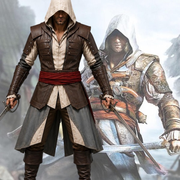 Assassin Inspired Mens Hooded Trench Coat Brown Leather Fantasy Cosplay Costume Medieval Rogue Warrior Outfit for Men