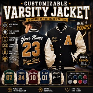 May include: A customisable varsity jacket with a wool blend body and faux leather sleeves. The jacket features text and number personalisation options, including a large number 23 on the back and a letter A on the front. Multiple colour choices are shown.