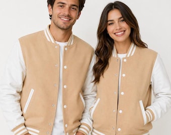Blouson universitaire beige personnalisé - Blouson lettre chenille en chenille personnalisée - Blouson aviateur universitaire pour hommes et femmes