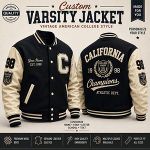 Jaqueta Varsity Personalizada, Jaqueta Bomber Vintage Americana Estilo Letterman em Lã e Couro, Jaqueta Retrô Streetwear com Apliques de Chenille