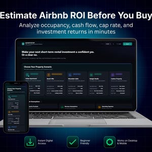 Puede incluir: Un ordenador portátil y un smartphone muestran la interfaz de Quantestay para estimar el ROI de Airbnb. La pantalla presenta opciones de escenarios inmobiliarios como Urban Apartment, Beach Villa, Mountain Cabin, Budget Studio y otros.
