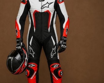 Men's One Piece Motorcycle Leather Racing Suit | Black White Red Biker Suit | CE Armor Moto Track Suit | Premium Cowhide Leather Riding Gear