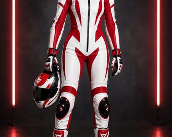 Rood en wit leren motorracepak dames | Aangepast MotoGP-pak uit één stuk | Premium koeienhuid motorrijkleding