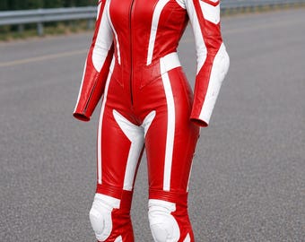 Rödvit lädermotorcykelracingdräkt för kvinnor – One Piece Biker CE Armor