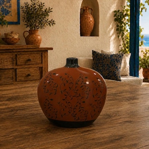May include: A round, wide-bodied ceramic vase with a terracotta-colored surface featuring a repeating black vine and leaf pattern. The vase has a narrow, dark-colored neck and a dark base, sitting on a wooden surface with a smooth, rounded shape.