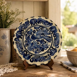 May include: A round ceramic plate featuring a cream-colored base with intricate hand-painted cobalt blue designs. The central motif depicts a stylized bird surrounded by elaborate floral and leaf patterns, with a scalloped edge border.