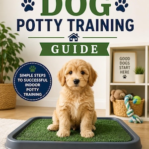 May include: A golden puppy sits on a rectangular indoor potty training tray with artificial grass. The text reads INDOOR DOG POTTY TRAINING GUIDE, SIMPLE STEPS TO SUCCESSFUL INDOOR POTTY TRAINING, PRACTICAL TIPS, STEP-BY-STEP GUIDANCE, EASY TO FOLLOW PLAN, A HAPPIER YOU & YOUR DOG.