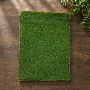Könnte beinhalten: Ein rechteckiger Bogen aus künstlichem grünem Moos mit einer dichten, strukturierten Oberfläche. Das Material hat ein lebendiges, gleichmäßiges, grasartiges Aussehen mit kurzen, feinen Fasern, die die gesamte Oberseite der Matte bedecken.