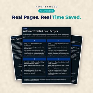Puede incluir: Un documento digital titulado HOURSFREED con el encabezado Real Pages. Real Time Saved. La p&aacute;gina central muestra Section 2: Welcome Emails & Day 1 Scripts, con cuatro cuadros numerados que contienen plantillas de correo para la integraci&oacute;n.