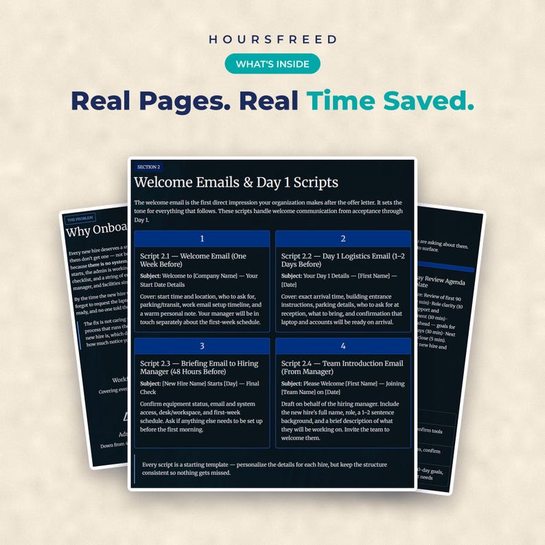 Puede incluir: Un documento digital titulado HOURSFREED con el encabezado Real Pages. Real Time Saved. La p&aacute;gina central muestra Section 2: Welcome Emails & Day 1 Scripts, con cuatro cuadros numerados que contienen plantillas de correo para la integraci&oacute;n.