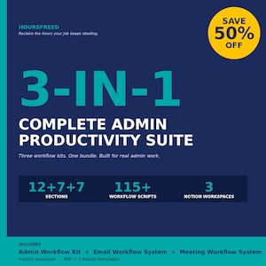 Może przedstawiać: Ciemnoniebieska grafika z tekstem "3-IN-1 COMPLETE ADMIN PRODUCTIVITY SUITE" w kolorze białym i turkusowym. Obraz zawiera tekst "SAVE 50% OFF" w żółtym okręgu. Wymienia również "12+7+7 SECTIONS", "115+ WORKFLOW SCRIPTS" i "3 NOTION WORKSPACES".