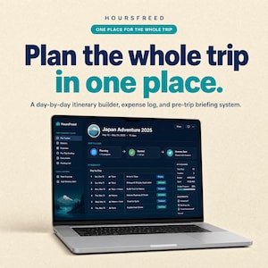 May include: A laptop displaying the HoursFreed trip planning software. The screen shows a Japan Adventure 2025 itinerary with a day-by-day tracker, expense log, and document list. Text above reads: Plan the whole trip in one place.