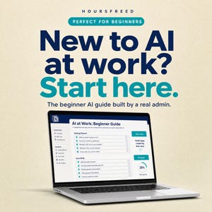 May include: A laptop displaying a digital guide titled AI at Work: Beginner Guide. The screen shows a checklist of tasks including Getting Started and Core Skills, with a progress circle at 25 per cent. Text above reads New to AI at work? Start here.
