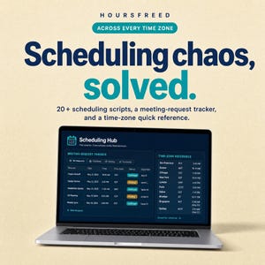 May include: A laptop displaying a digital scheduling hub with a meeting-request tracker and time-zone reference. Text reads: HOURS FREED, ACROSS EVERY TIME ZONE, Scheduling chaos, solved. 20+ scheduling scripts, a meeting-request tracker, and a time-zone quick reference.