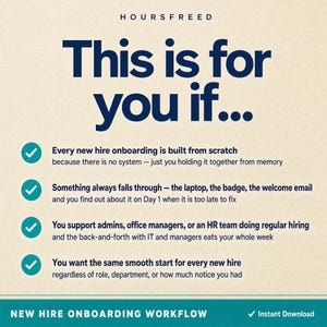 Puede incluir: Un gr&aacute;fico digital con fondo crema y texto azul oscuro titulado HOURS FREED. El texto dice: This is for you if... seguido de cuatro puntos marcados con marcas de verificaci&oacute;n verde azulado que describen desaf&iacute;os con los flujos de trabajo de incorporaci&oacute;n de nuevos empleados.