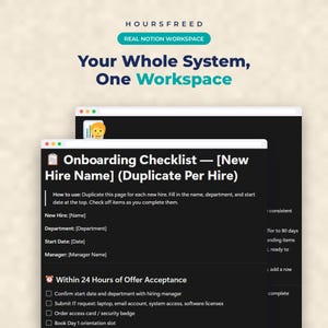 Puede incluir: Una plantilla de espacio de trabajo digital Notion titulada HOURSFREED que presenta una lista de verificaci&oacute;n de incorporaci&oacute;n para nuevos empleados. La interfaz muestra un fondo oscuro con texto blanco, incluyendo campos para nombre y tareas.