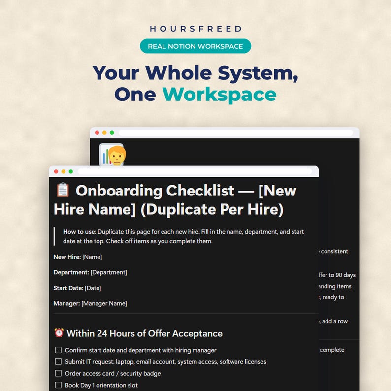 Puede incluir: Una plantilla de espacio de trabajo digital Notion titulada HOURSFREED que presenta una lista de verificaci&oacute;n de incorporaci&oacute;n para nuevos empleados. La interfaz muestra un fondo oscuro con texto blanco, incluyendo campos para nombre y tareas.