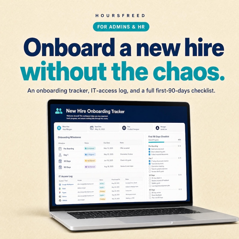 Puede incluir: Un ordenador port&aacute;til que muestra un panel de seguimiento de nuevas contrataciones con secciones para hitos, una lista de verificaci&oacute;n de 90 d&iacute;as y un registro de acceso inform&aacute;tico. El texto dice Hoursfreed For Admins & HR, Onboard a new hire without the chaos.