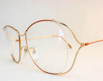 Vintage Big Round Eyeglasses, Semi Rimless Women's Butterfly Frame, Gold Copper Metal NOS Glasses, 1980s New Old Stock